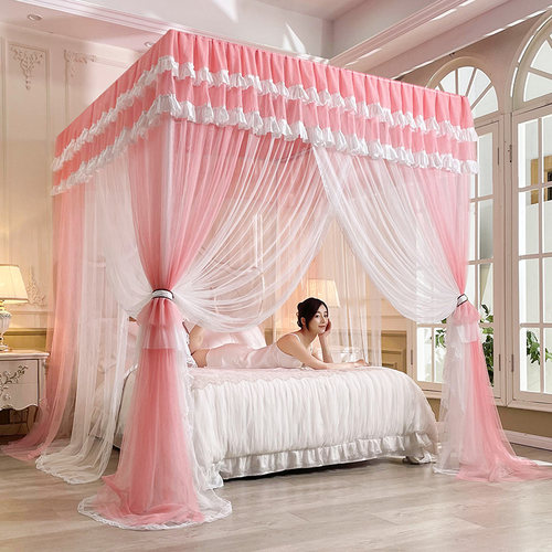 新款防尘顶双层纱宫廷蚊帐三开门加密落地家用卧室加厚不锈钢支架