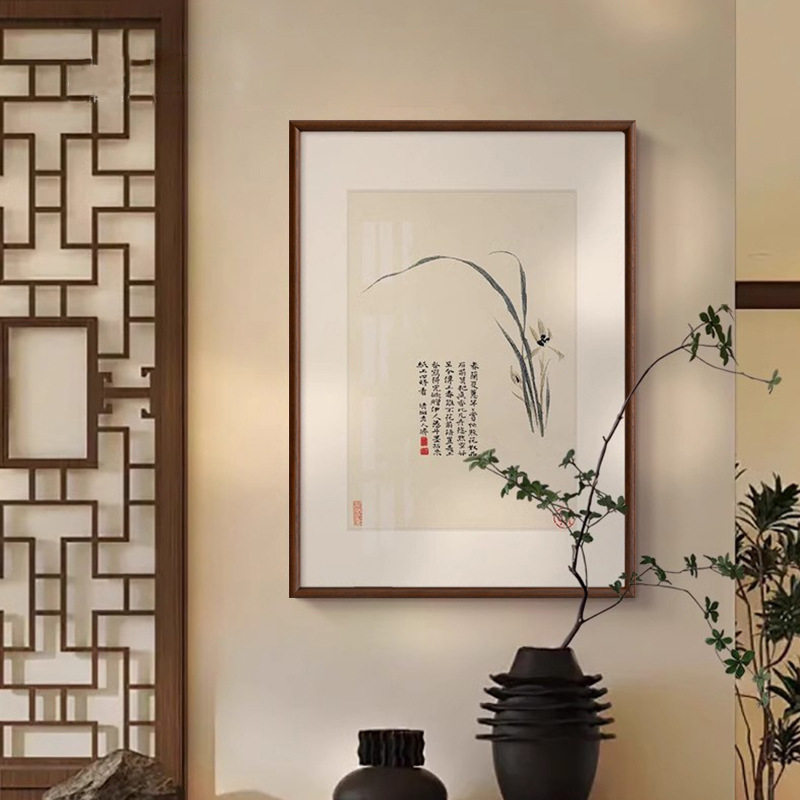 石涛花卉新中式餐厅装饰画客厅茶室玄关挂画实木桌面摆件画框