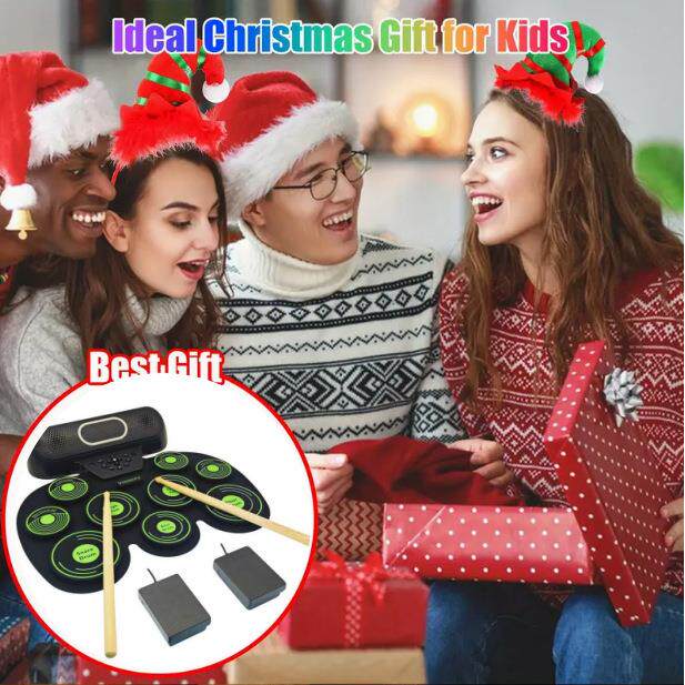 电子鼓色纹绿手卷鼓带响锂电便携式架子鼓儿条童练音XUC习鼓电子