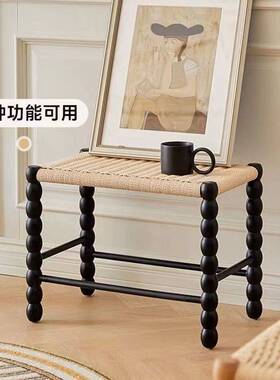 网红实木编绳凳子现代简约家用靠背化妆椅法式复古设计师洽谈餐椅