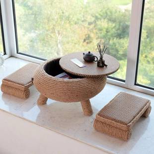 麻绳小圆桌地394茶几阳中式 矮桌子草编榻榻台米奢茶几轻飘台窗桌