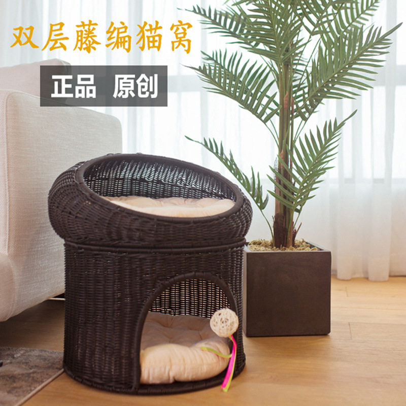 猫床别墅猫房子狗窝猫爬架藤编猫屋双层猫窝猫笼藤编猫窝双层