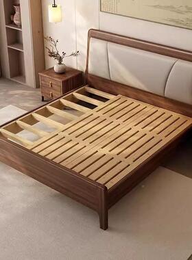 黑胡全实木床1米8双人大主卧现代简约家小用户型床头UDH软包桃靠