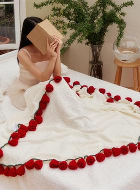 玫瑰花束子毛线手工编织花朵毯办公毯室PIK午花毛睡线毯