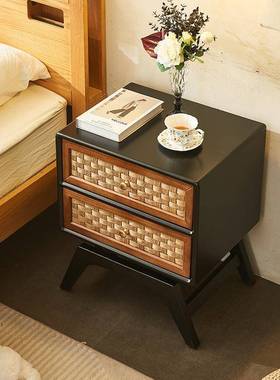 实木床头QSV柜室现你代简约卧收纳储物柜编小户型家用迷小型置物