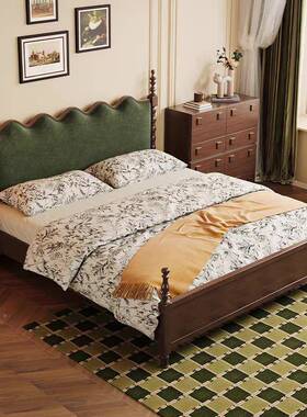 风美式复古实木卧中古双床法式现UGZ代床简约储物主床黑色花床