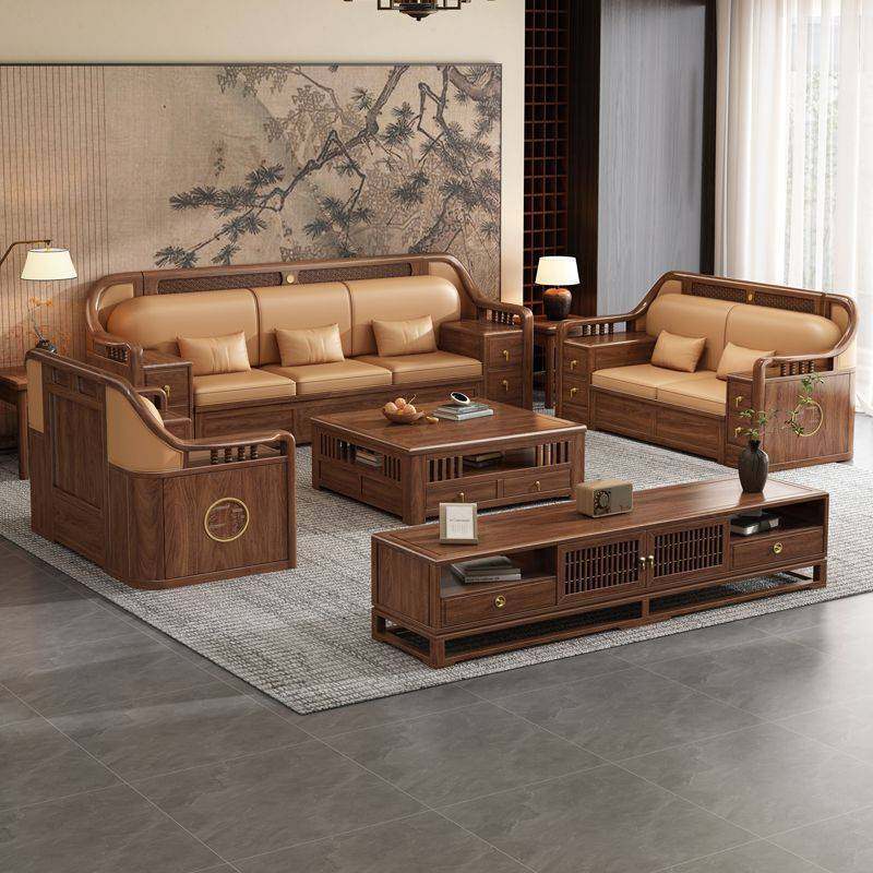 新款新中式黑胡桃木沙发全实木现代简约客厅冬夏两用家用储物家具