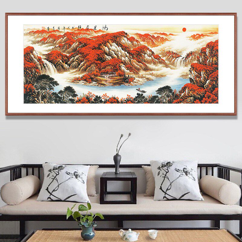 客厅沙发背景墙纯手工绫布挂画聚宝盆山水画鸿运当头办公室装饰画