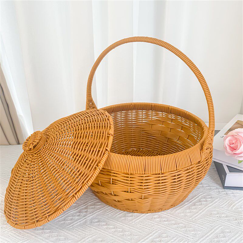 纯手工编织圆形手提篮带盖水果篮馒头鸡蛋筐野餐购物篮家用仿藤编