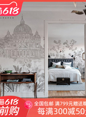 欧式城堡花园壁纸高端酒店工装墙布客厅餐厅墙纸电视背景墙壁画布
