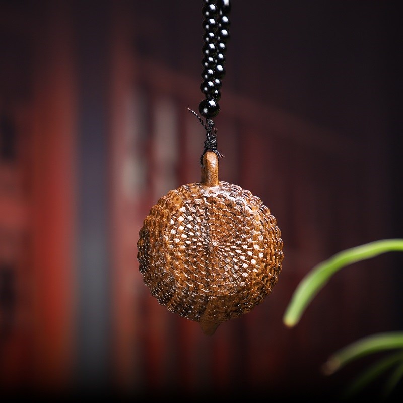 沉香木渔篓把把壶手把件八方来财木雕竹篓壶螃蟹茶壶汽车挂件摆件