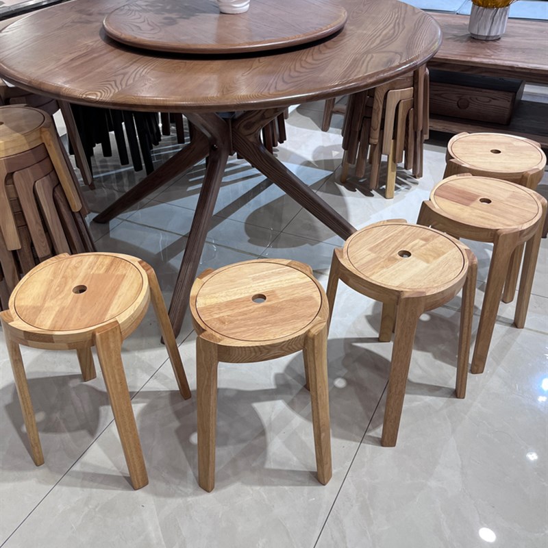 可叠放实木凳实用风车凳圆凳家用现代简约餐凳橡胶木白蜡木妆台凳