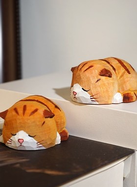 猫咪爱睡懒觉手工木雕小摆件卡通动物桌面摆放装饰品可爱治愈情绪