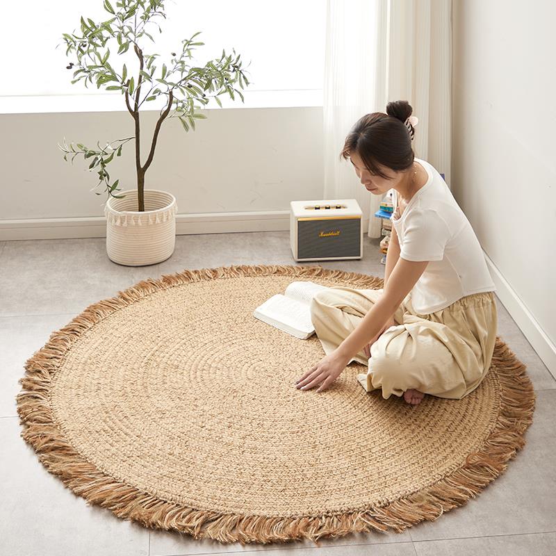 手工织黄麻地编毯客厅HDV沙发咖啡桌无地阳台胶垫卧室圆形流苏地