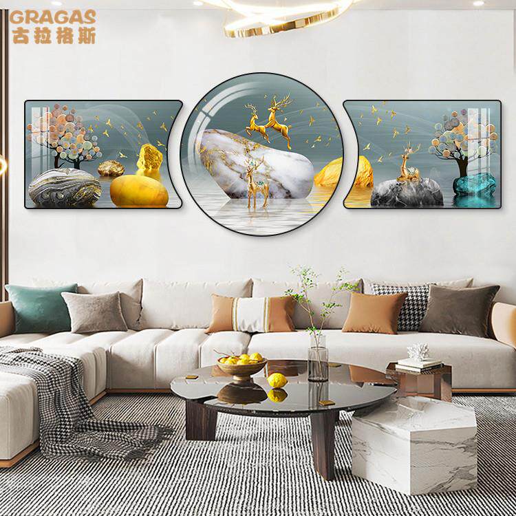 客厅挂画现代简约沙发背景墙装饰画轻奢晶瓷镶钻壁画三联艺术墙画