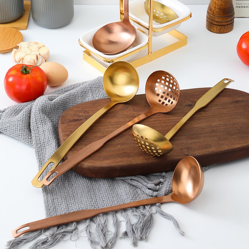 韩式不锈钢金色火锅勺汤勺漏勺粥勺木柄勺子饭店长柄商用大号小号