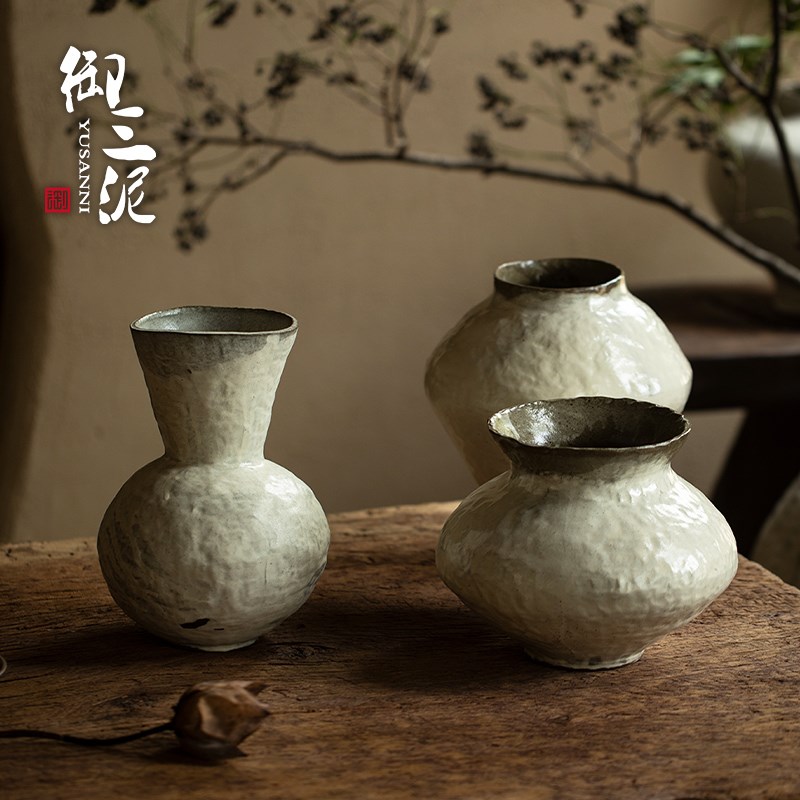 御三泥高级感手工陶罐侘寂风干花花瓶客厅玄关插花养鲜花装饰摆件