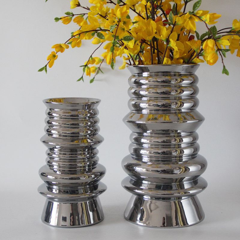 轻奢银色圈纹陶瓷花瓶花器摆件酒店客厅餐桌样板房间家居软装饰品,家居饰品,花瓶,淘宝优惠券,粉丝福利购,淘宝优惠卷