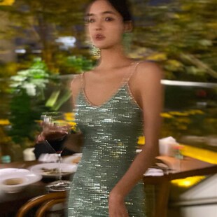 绿色亮片晚礼服高级感修身性感闪闪小吊带裙礼服裙生日party小礼