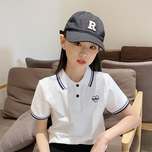 儿童POLO衫女童夏装短袖t恤纯棉童装学院风有领T恤衫上衣2023新款