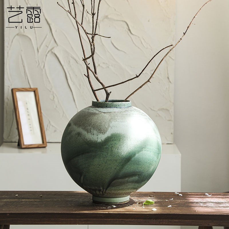 新中式星球罐绿色陶瓷侘寂风复古艺术粗陶花盆插干花简约民宿居家