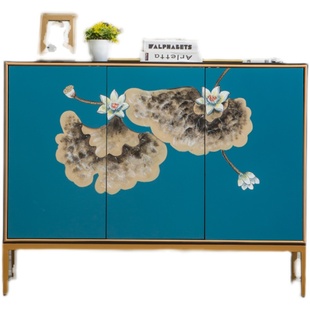 美式实木鞋柜家用门口玄关一体进门入户鞋柜边柜手工荷花彩绘整装