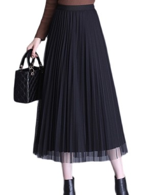 大码网纱半身裙秋冬胖m垂感高腰百褶裙中长款a字仙女百折黑色纱裙