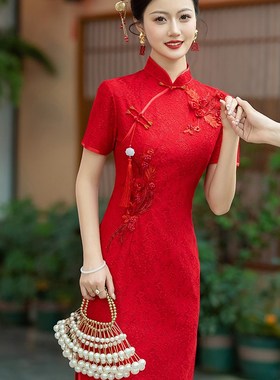 中高考旗袍2024款红色外嫁女回娘家短袖中式礼仪迎宾颁奖旗袍礼服