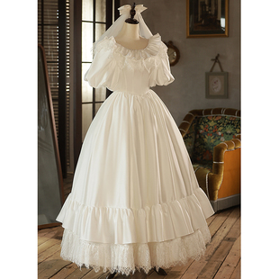 法式 在逃公主缎面轻婚纱复古蕾丝森系轻奢礼服白色 出门纱2023新款