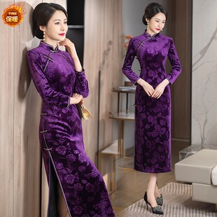 冬季新款加绒加厚旗袍长款女走秀改良版复古连衣裙舞台高级感礼服