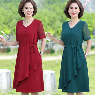 连衣裙女夏2021新款夏季气质胖mm显瘦中老年妈妈遮肚子百褶雪纺裙