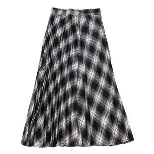 复古格子半身裙2022秋冬新款 a字百褶裙松紧高腰中长裙女 时尚
