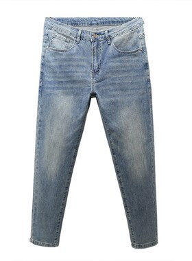 夏季薄款 蓝色九分牛仔裤男士修身小脚小直筒休闲高级弹力裤子