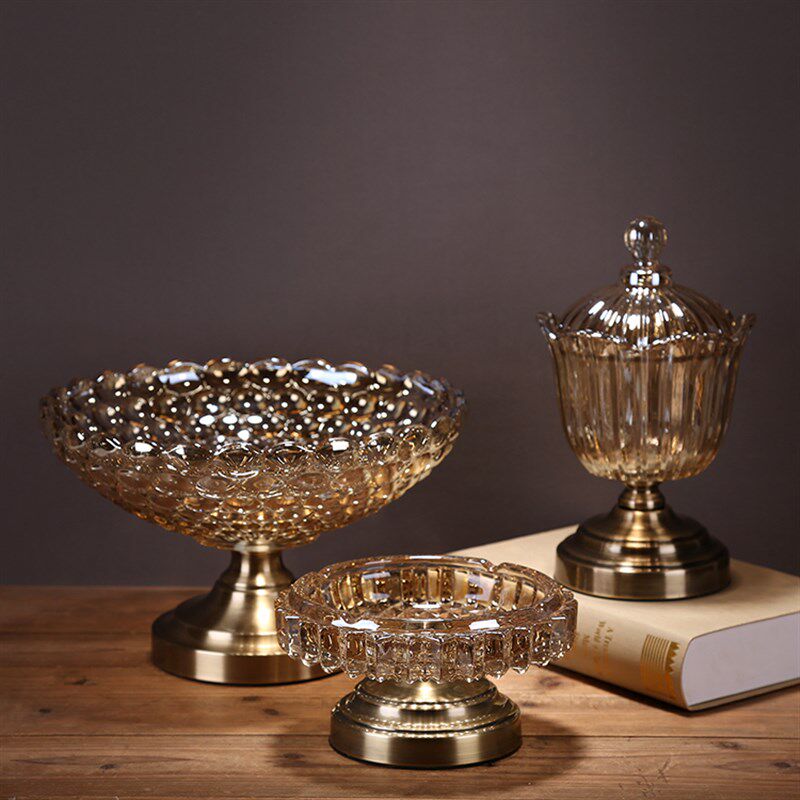 新中式果盘烟灰缸糖果罐套装样板房欧式家居装饰摆件水晶古典果盘