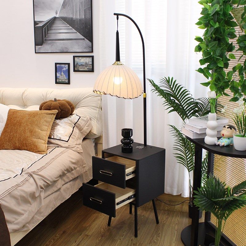 中古风实木落地灯卧室复古氛围感客厅沙发床头柜台灯一体置物摆件