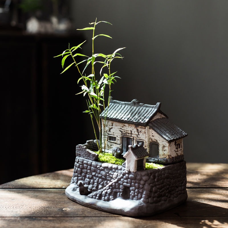 懒人盆栽创意陶瓷房子绿植花盆文竹水养办公桌发财树摆件植物盆景