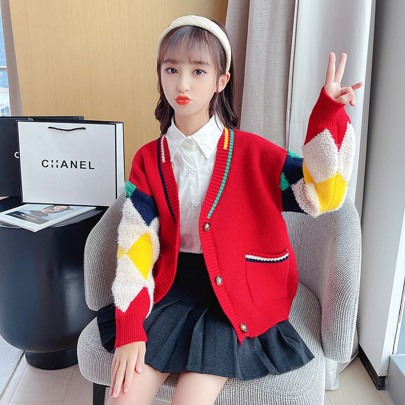 女童开衫毛衣秋冬季2021新款中大童加绒加厚外搭针织衫毛线衣外套