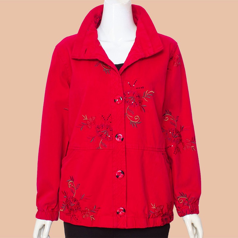 中老年女装纯棉外套女2021年春装新款绣花夹克大码妈妈装夹克上衣