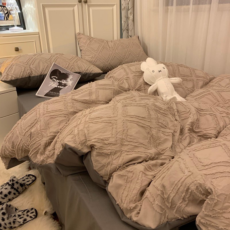韩式温柔风奶茶色剪花水洗棉被套四件套简约灰色床单款宿舍三件套