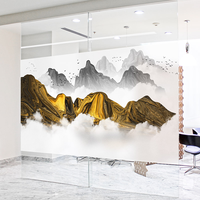 金山银山企业办公室轻奢新中式静电磨砂玻璃贴膜隔断装饰贴纸定制