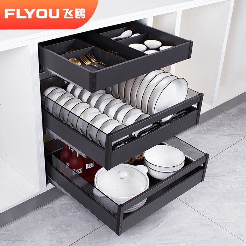 飞鸥厨房橱柜三层开门抽屉式拉篮加深定制置物架锅具收纳碗碟锅篮