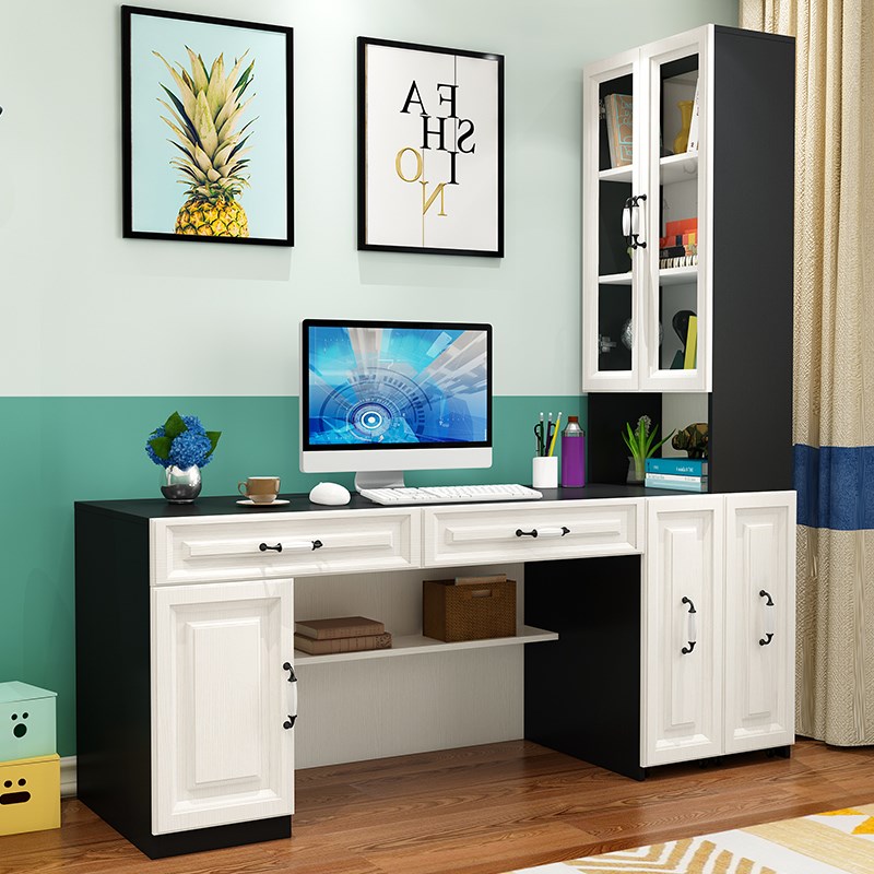 简约转角电脑桌书柜一体家用拐角写字台式学习办公桌书桌书架组合