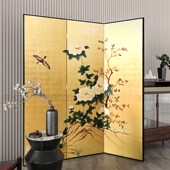 侘寂风手绘花鸟画金箔屏风新中式 茶室客厅隔断背景墙折屏定制 日式