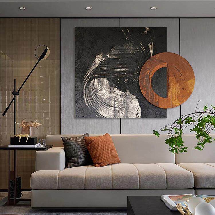 手绘装饰画抽象创意个性圆方双拼画中画橙色装置艺术玄关客厅挂画