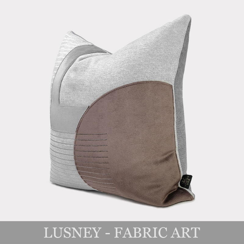 家居样板间床头靠垫靠枕抱枕现代简约浅棕色圆形贴布绣花方腰枕