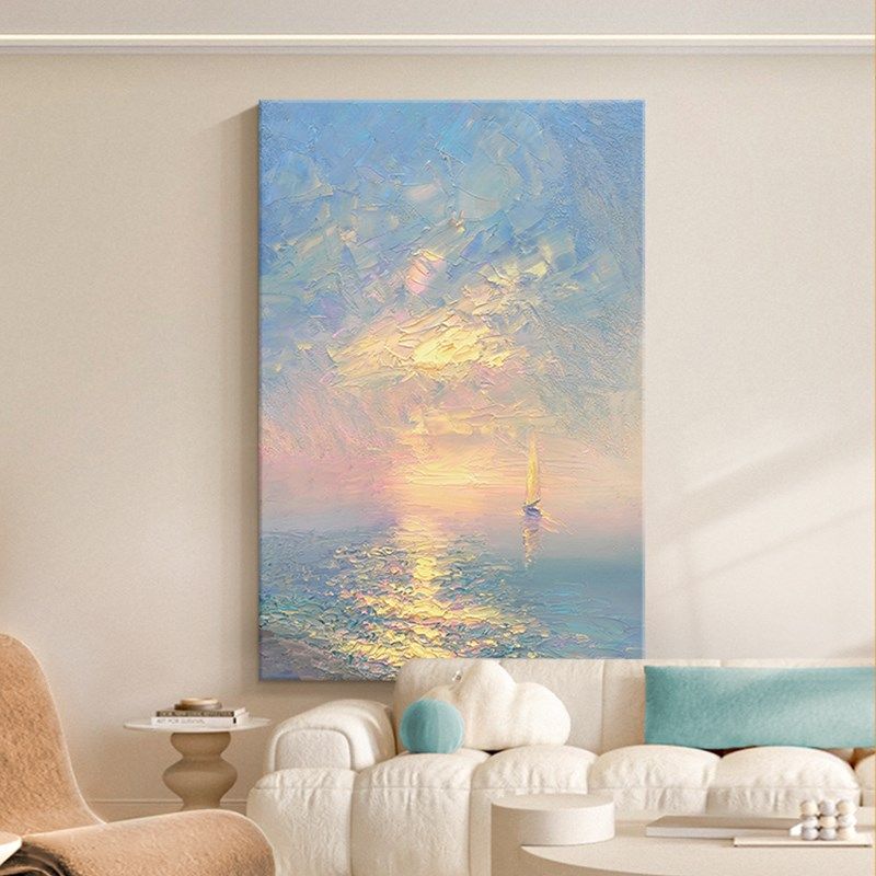 一帆风顺客厅装饰画奶油风高级感沙发背景墙挂画温馨日出玄关壁画