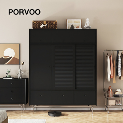 PORVOO家具  黑色实木复古百叶门衣橱家用民宿卧室二三四门衣柜