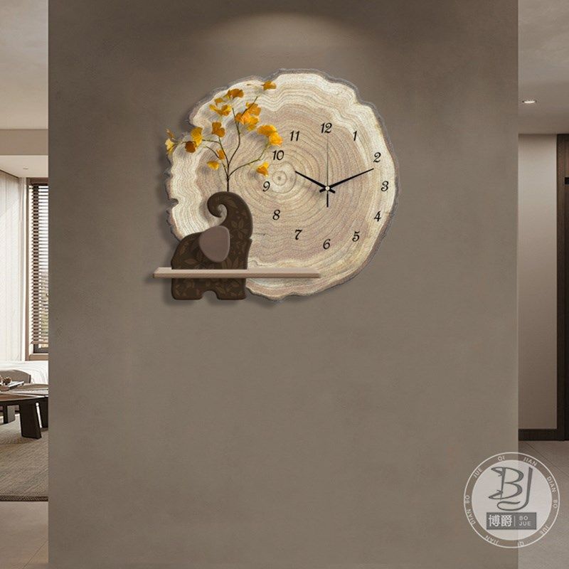 侘寂风大象餐厅装饰画创意时钟画客厅背景墙挂画立体砂岩发光灯画
