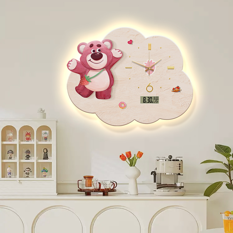 奶油风草莓熊餐厅装饰画带电子钟表挂钟客厅儿童房led灯画挂墙