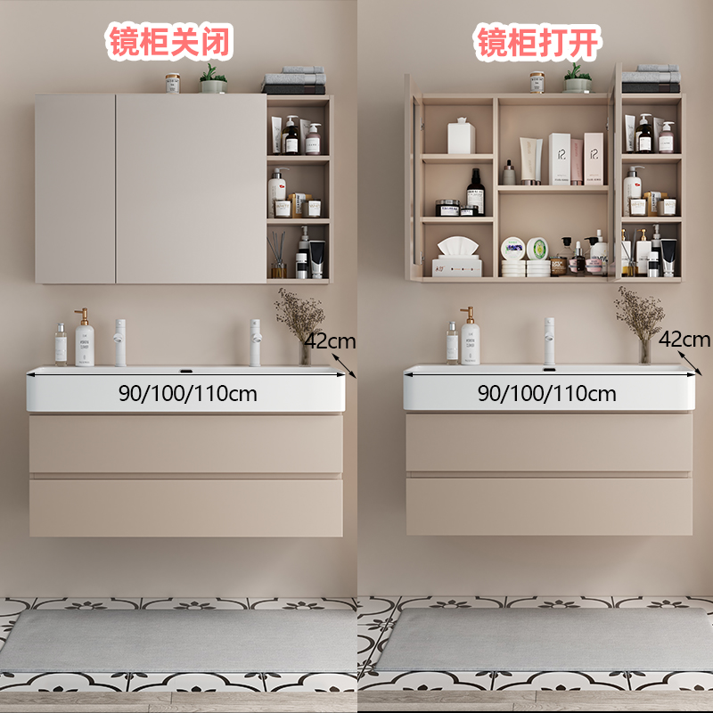 现代奶油色陶瓷盆圆角小户型浴室柜卫生间洗漱台洗手洗脸窄盆